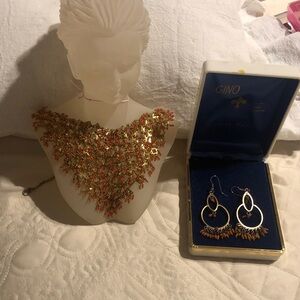 Gold-Tone Orange Multi-Chain Statement Necklace with Matching Earrings indian de